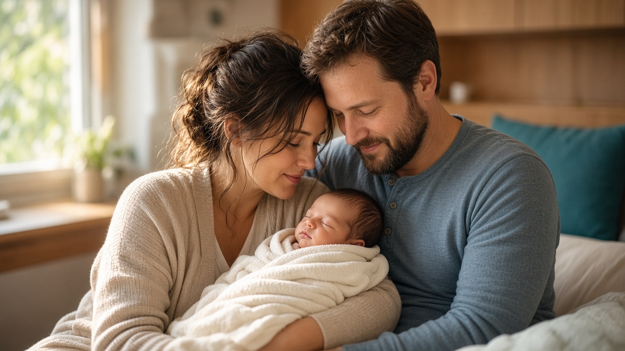 Yenidoğan bebek paketi için bebeğini tutan anne ve baba